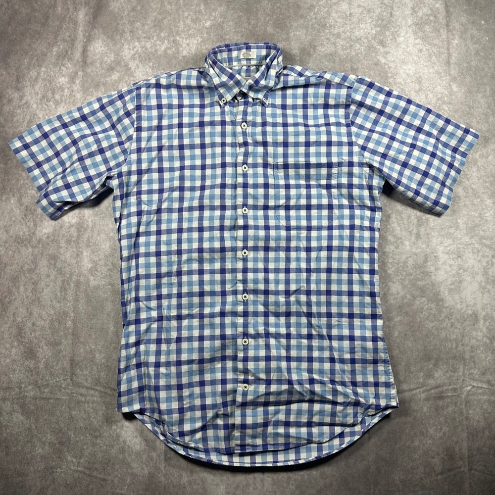Peter Millar Mens Blue Gingham Check Short Sleeve Cotton Button Down Shirt M